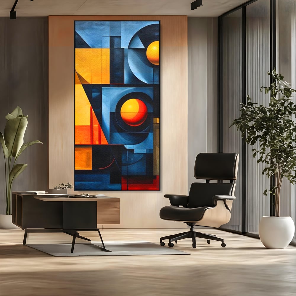 Tablou canvas cu pictura abstracta cu forme geometrice, in rama de aluminiu negru, pe perete intr-un birou